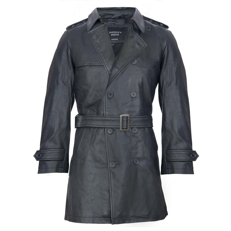 Mens Black Long Trench Coat Leather Jacket