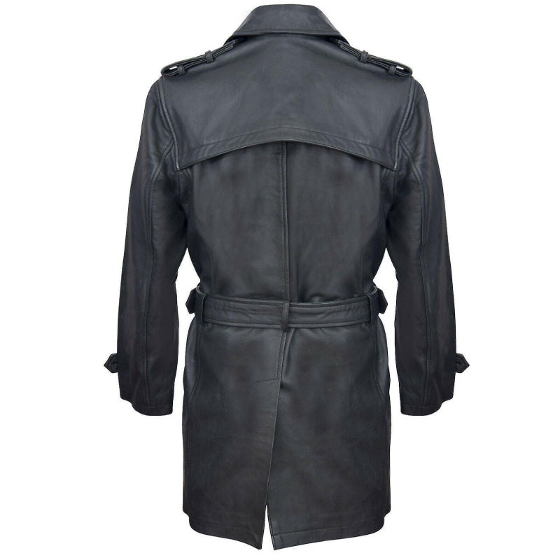 Mens Black Long Trench Coat Leather Jacket