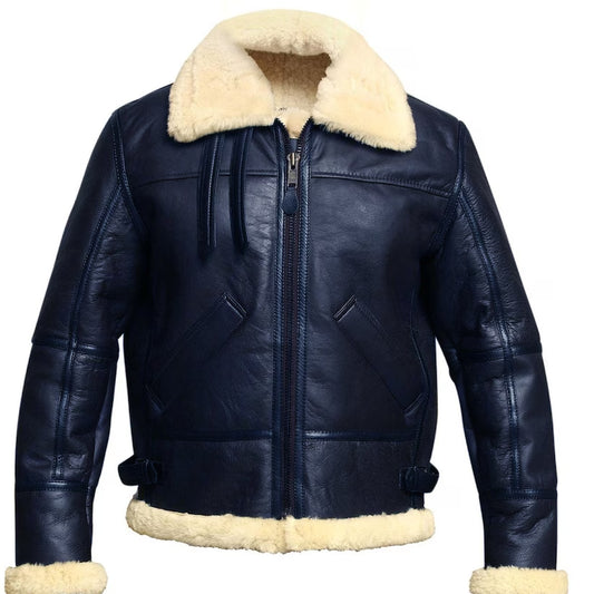 Mens Blue Leather Aviator Bomber Jacket