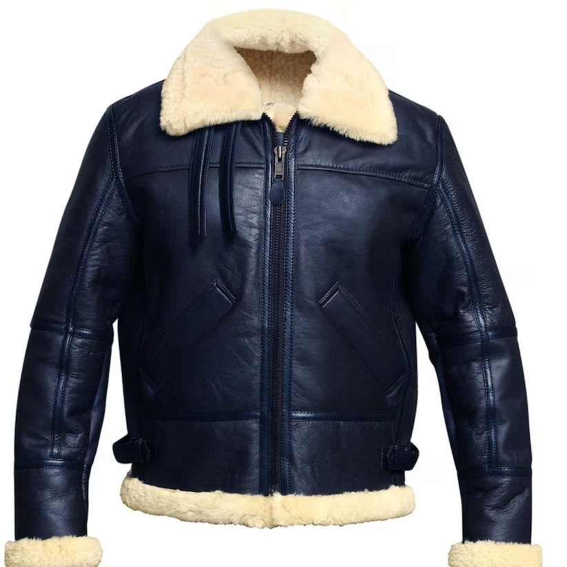 Mens Blue Leather Aviator Bomber Jacket