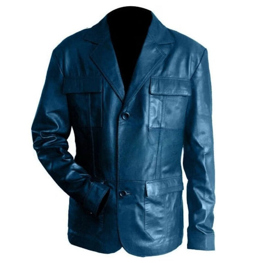 Mens Blue Leather Blazer Coat