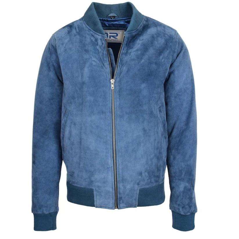 Mens Blue Suede Leather Bomber Jacket