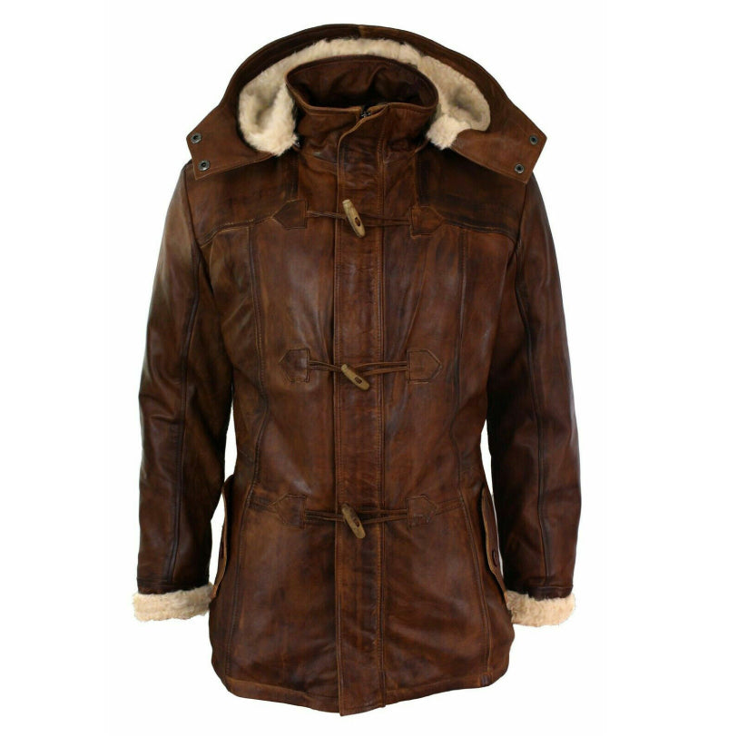 Mens Brown Duffle Over Coat Trench Hooded Long Genuine Sheepskin