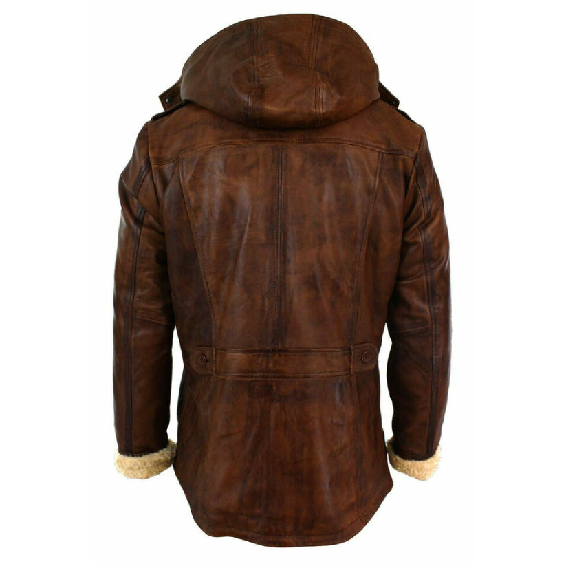 Mens Brown Duffle Over Coat Trench Hooded Long Genuine Sheepskin