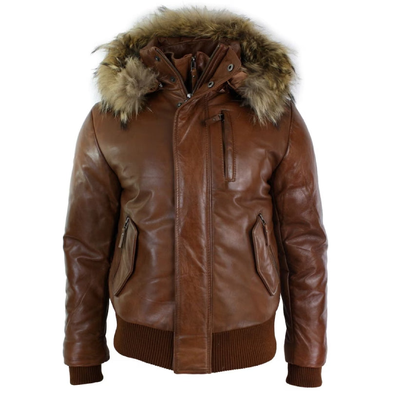 Mens Fur Hood Black Puffer Leather Jacket
