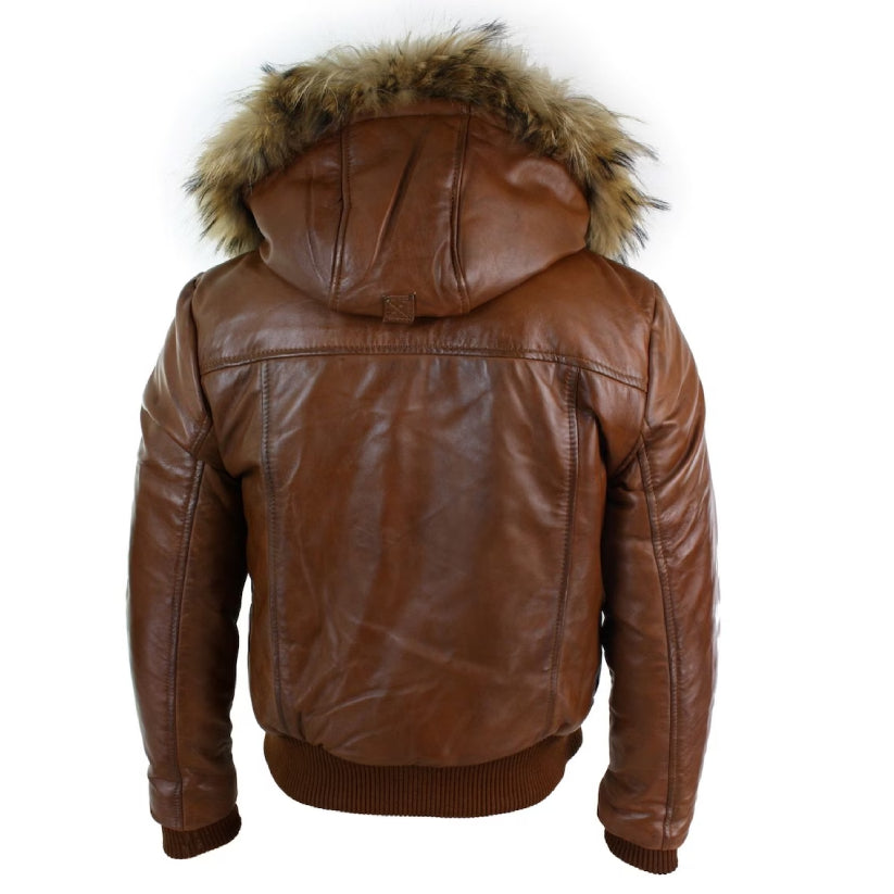 Mens Fur Hood Black Puffer Leather Jacket
