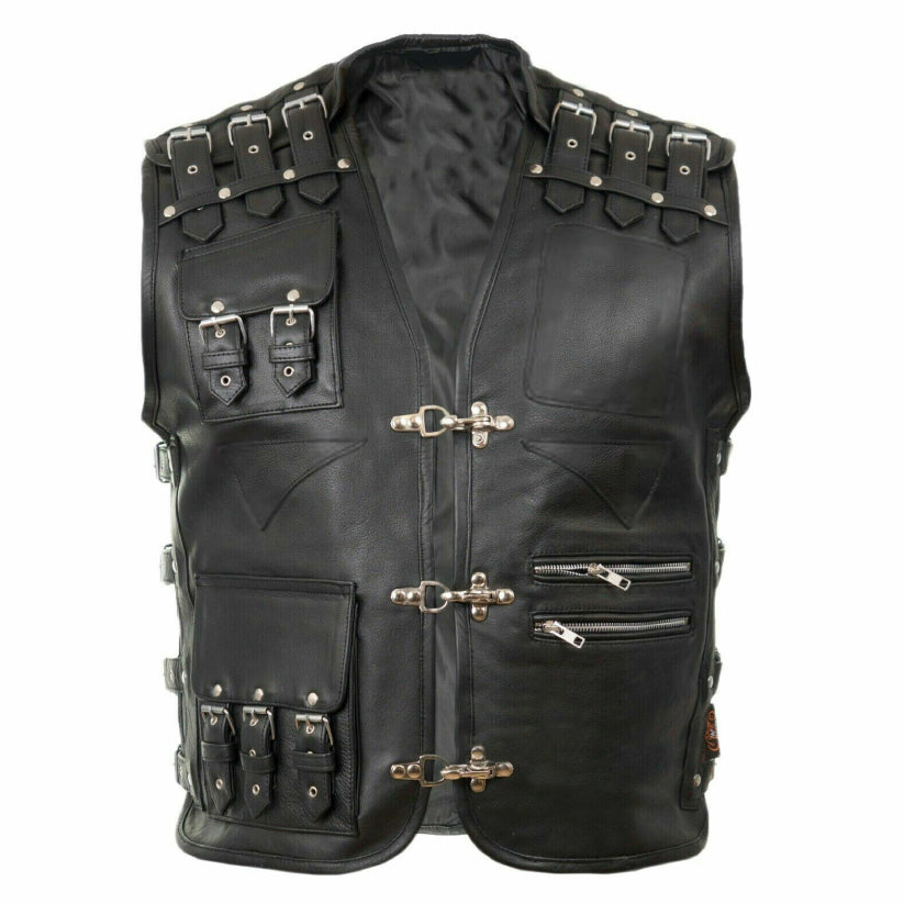 Mens GENUINE Leather Gilet Biker Rock Cut Waistcoat Vest