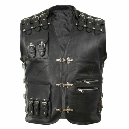 Mens GENUINE Leather Gilet Biker Rock Cut Waistcoat Vest