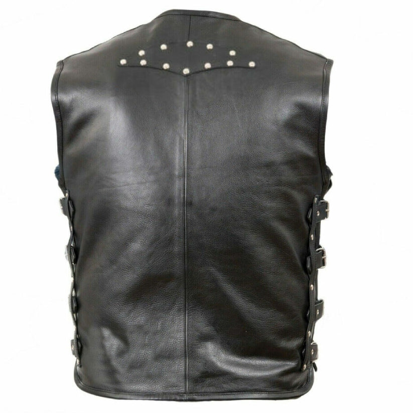 Mens GENUINE Leather Gilet Biker Rock Cut Waistcoat Vest