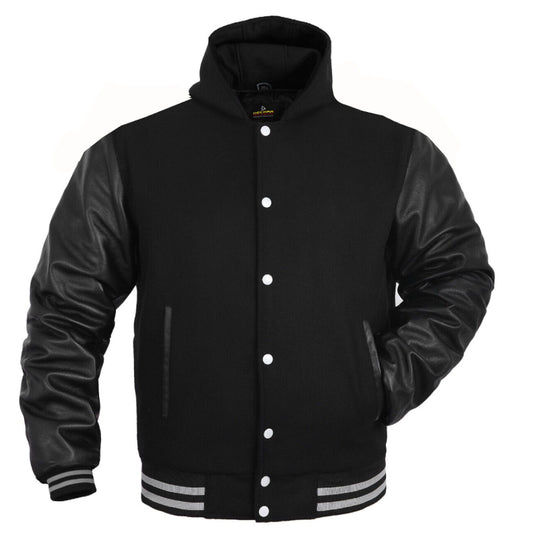 Mens Letterman Jacket with Hood Wool Leather Varsity Baseball Jackets