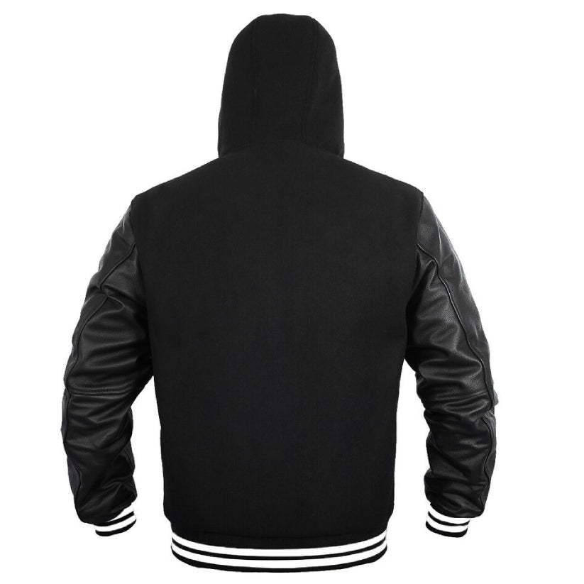 Mens Letterman Jacket with Hood Wool Leather Varsity Baseball Jackets