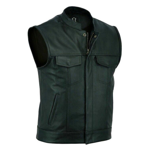 Mens Motorcycle Real Leather Full Grain Cut Off Waistcoat Biker Vest