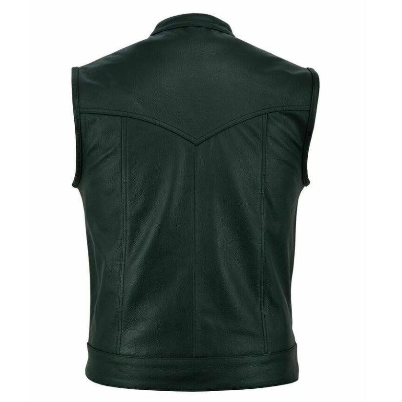Mens Motorcycle Real Leather Full Grain Cut Off Waistcoat Biker Vest