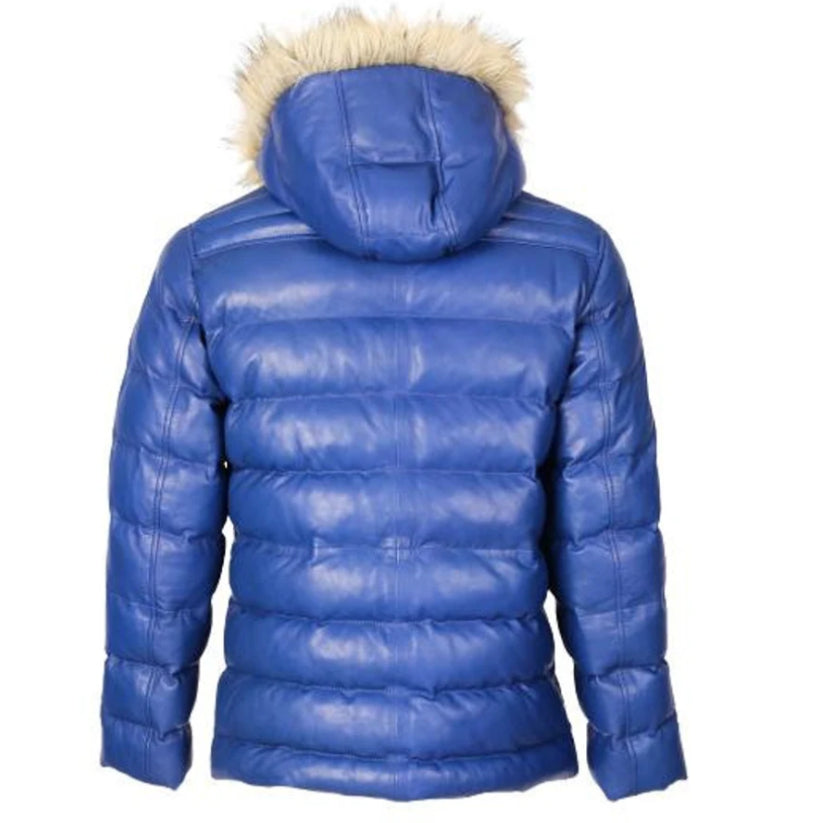 Mens Puffer Leather Jacket with Fur Hoodie Blue