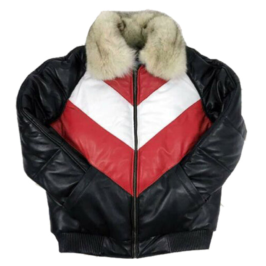 Mens Real Lambskin Leather V-Bomber Jacket