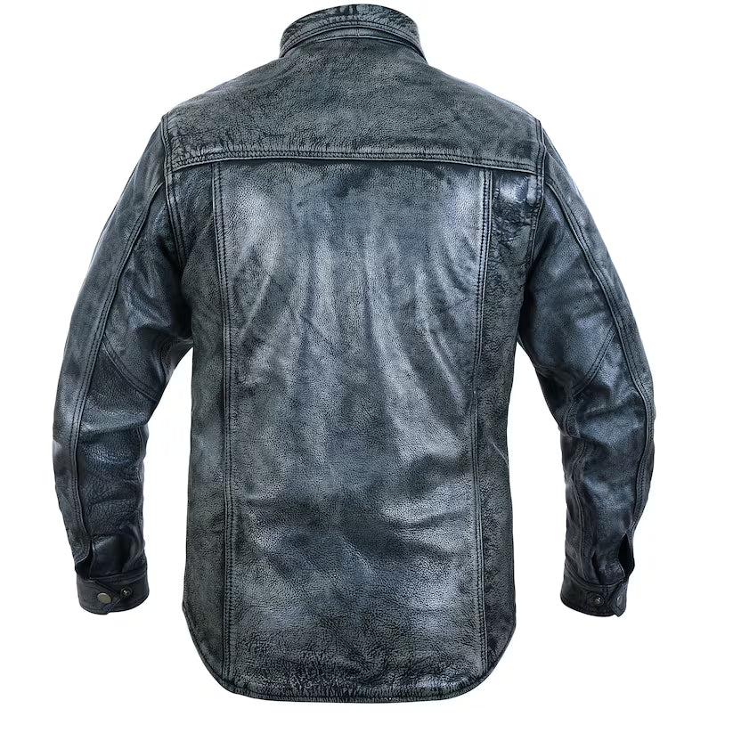 Mens Real Leather Grey Distressed Button Down Shirt
