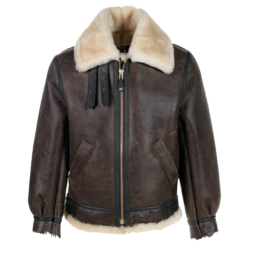 Mens Shearling Aviator B3 Real Sheepskin Bomber Flying Brown Leather Fur Jacket