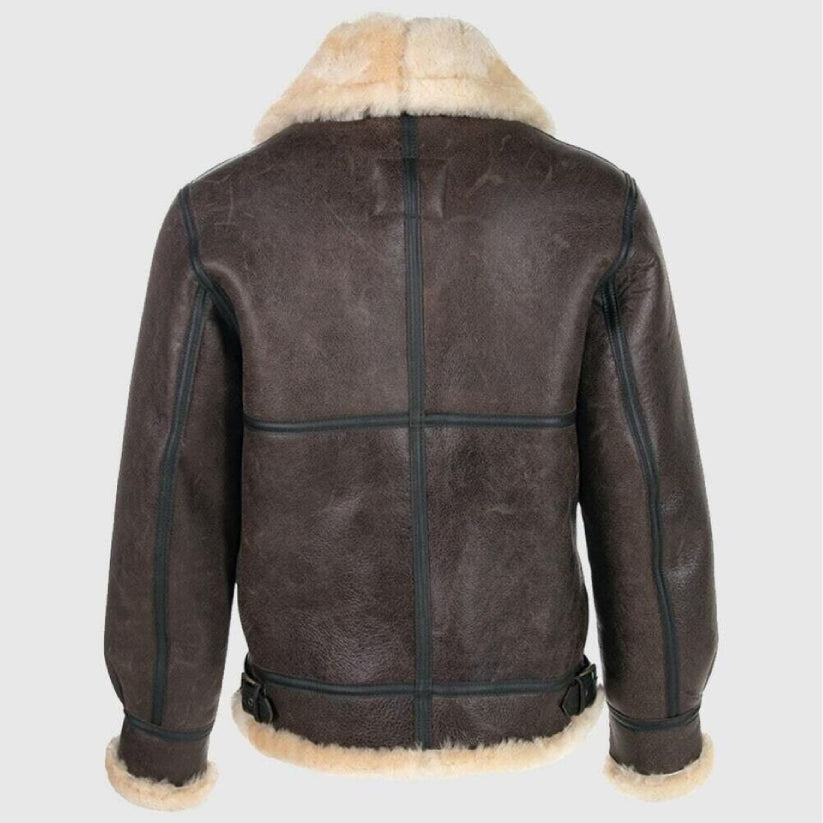 Mens Shearling Aviator B3 Real Sheepskin Bomber Flying Brown Leather Fur Jacket