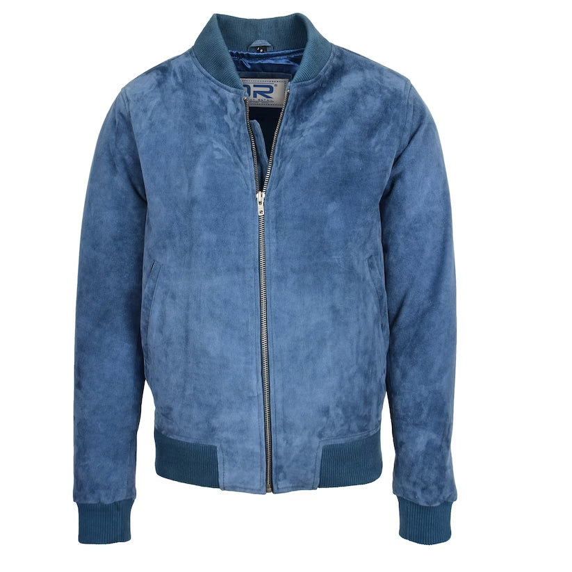 Mens Suede Leather Bomber Jacket Blue