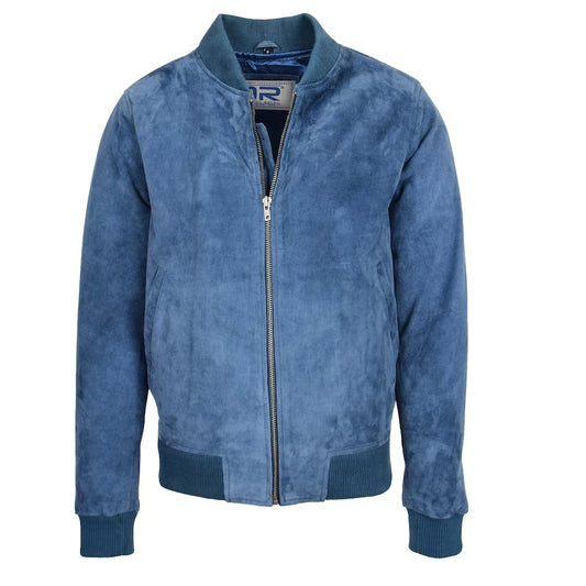 Mens Suede Leather Bomber Jacket Blue