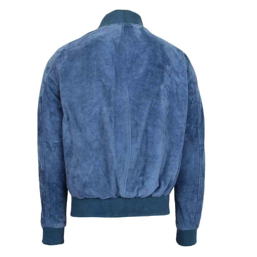 Mens Suede Leather Bomber Jacket Blue