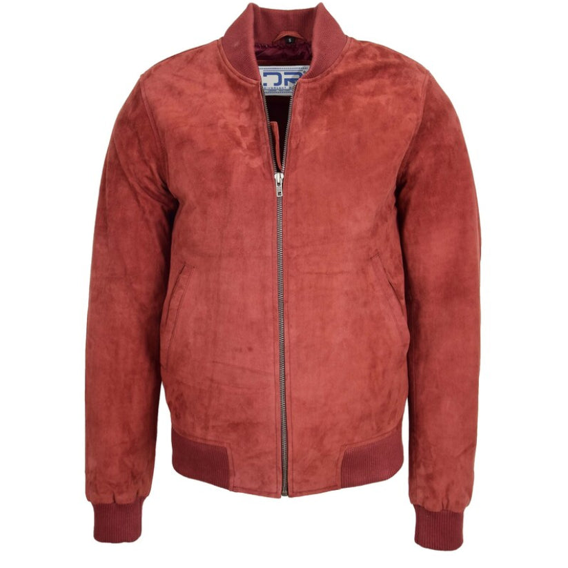 Mens Suede Leather Bomber Jacket Burgundy