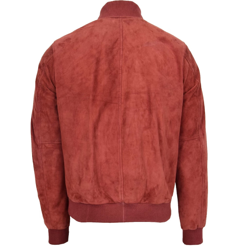 Mens Suede Leather Bomber Jacket Burgundy