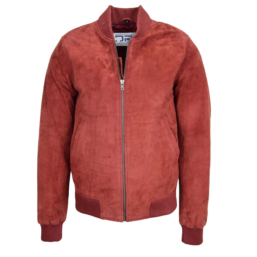 Mens Suede Leather Bomber Jacket Burgundy