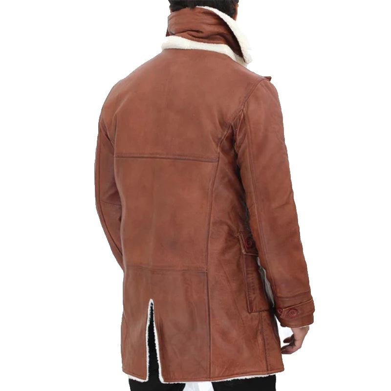Mens Tan Bane Shearling Leather Trench Coat