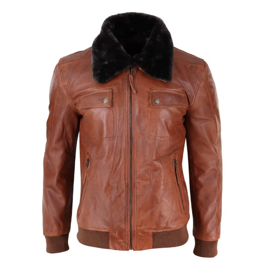 Mens Tan Brown Pilot Leather Jacket
