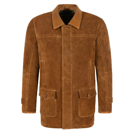 Mens Tan Classic Suede Leather Car Coat