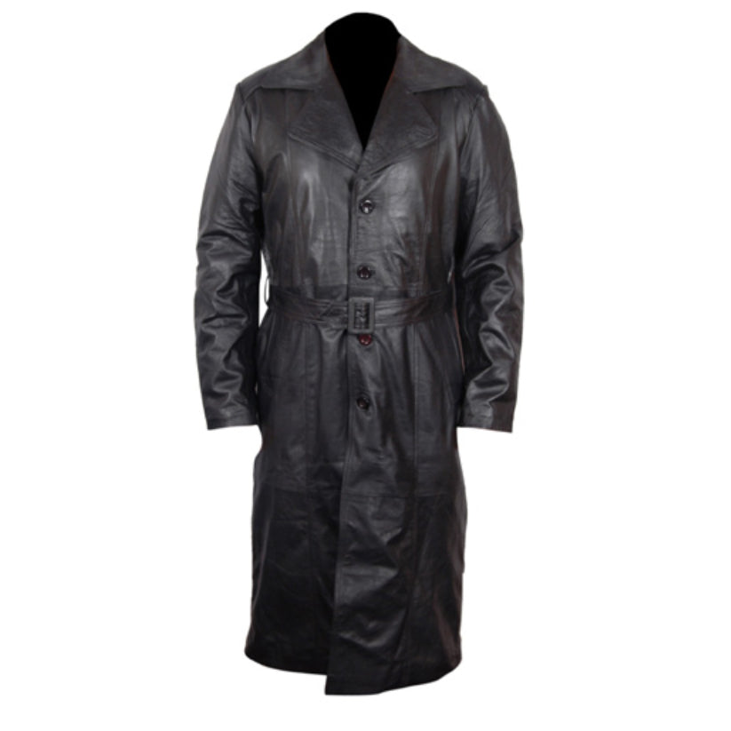 Mens Vintage Overcoat Black Long Leather Duster