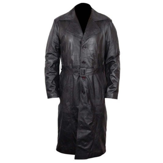 Mens Vintage Overcoat Black Long Leather Duster Trench Coat