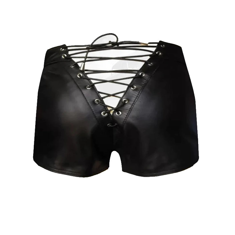 Mens Zipper Fly Front Leather Shorts With Full Lace Back