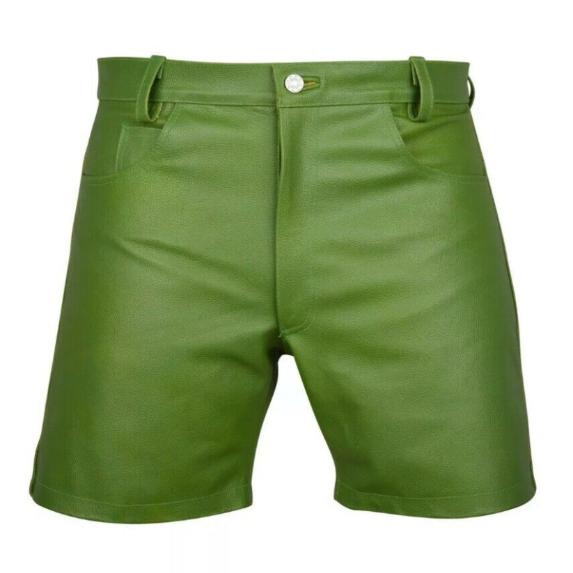 Mens,Cow Leather Shorts Green Casual 5 Pockets Short
