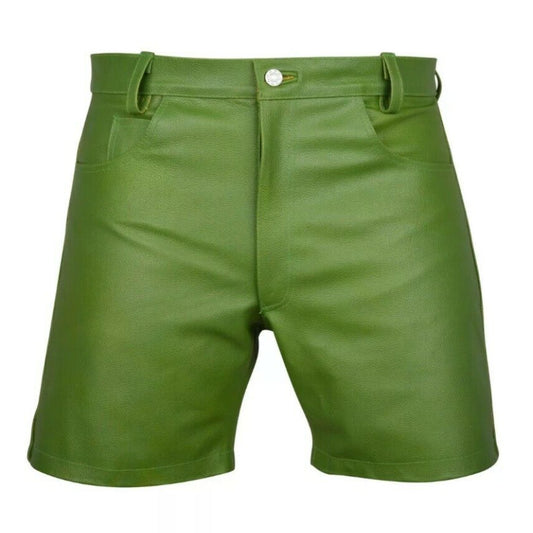 Mens,Cow Leather Shorts Green Casual 5 Pockets Short