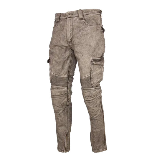 Motorcycle Leather Men Leather Pant Cowhide Vintage Grey Moto