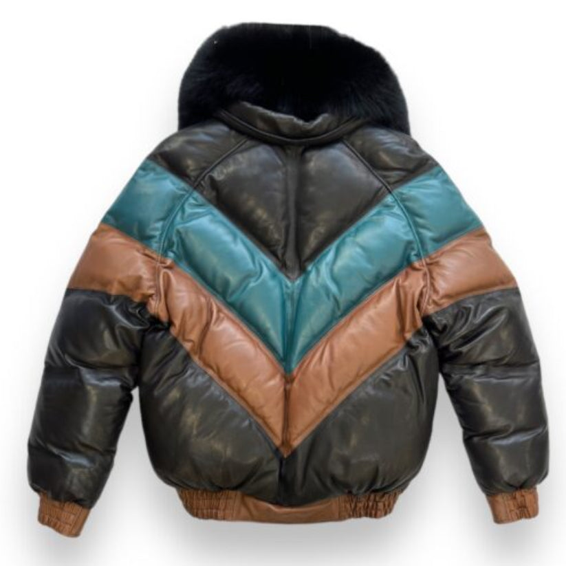 Multicolor V-Bomber Jacket with Fox Collar