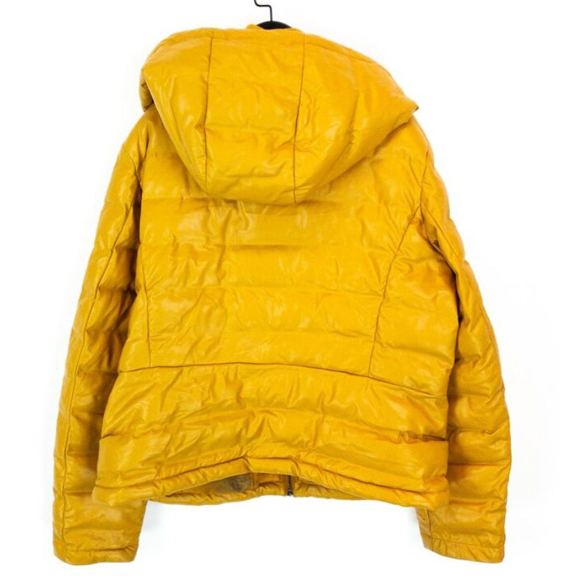 Mustard Yellow Faux Leather Hooded Puffer Jacket