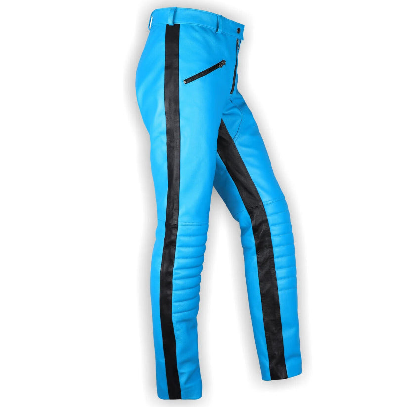 New Men's Blue Biker Leather Pant