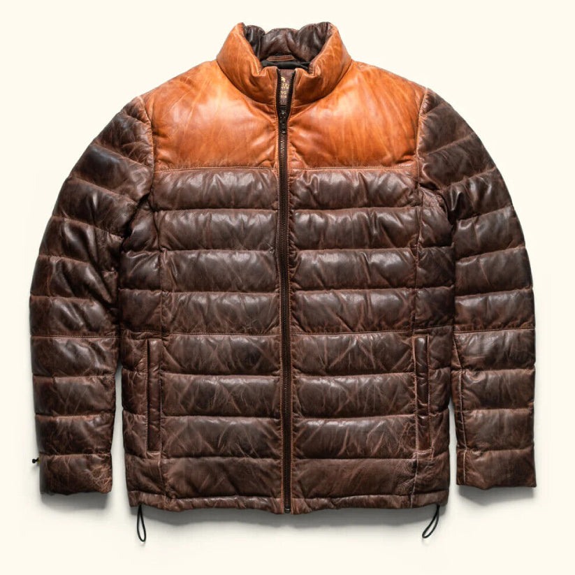 New Men's Double Shade Leather Jacket Puffer Fully Quilted Genuine Leather