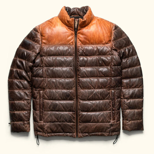New Men's Double Shade Leather Jacket Puffer Fully Quilted Genuine Leather