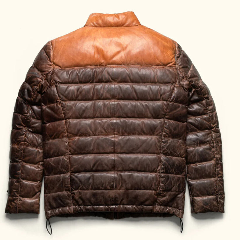 New Men's Double Shade Leather Jacket Puffer Fully Quilted Genuine Leather