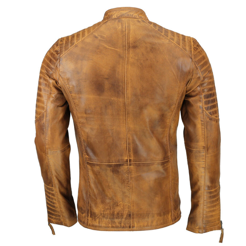 New Mens Real Leather Slim Fit Biker Jacket Vintage Tan Brown Retro