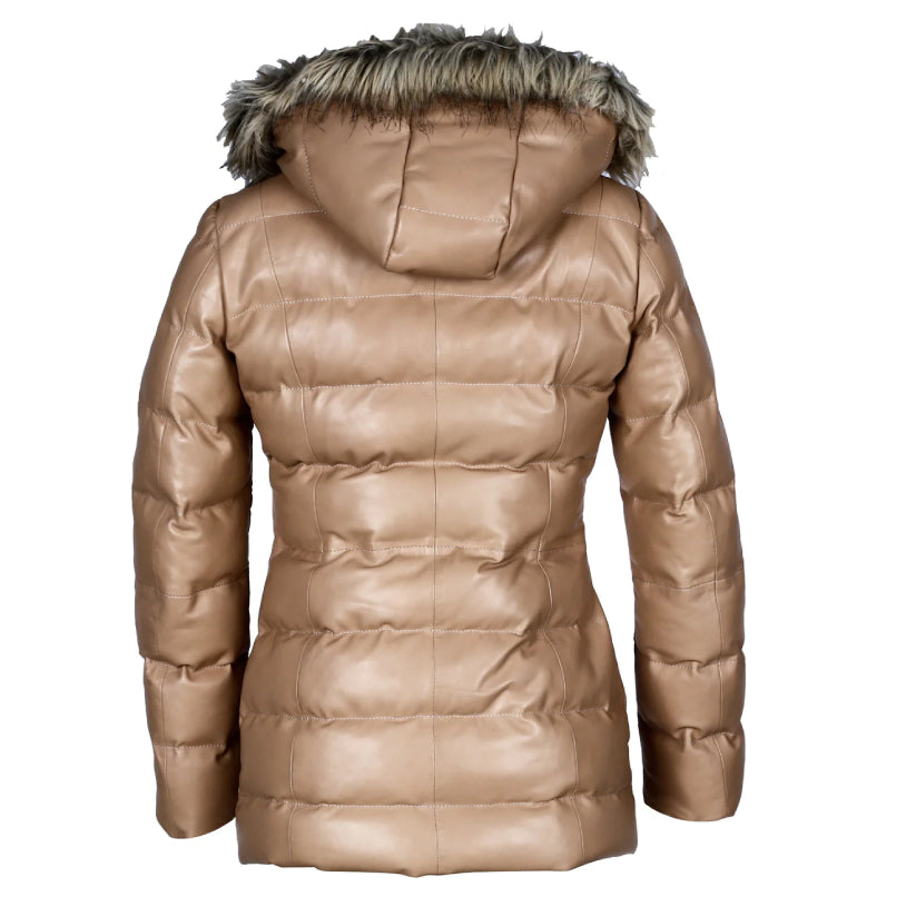 Womens Puffer Leather Jacket with Fur Hoodie