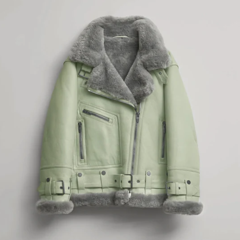 Women Green RAF Aviator Styled Sheepskin Shearling Leather Jacket