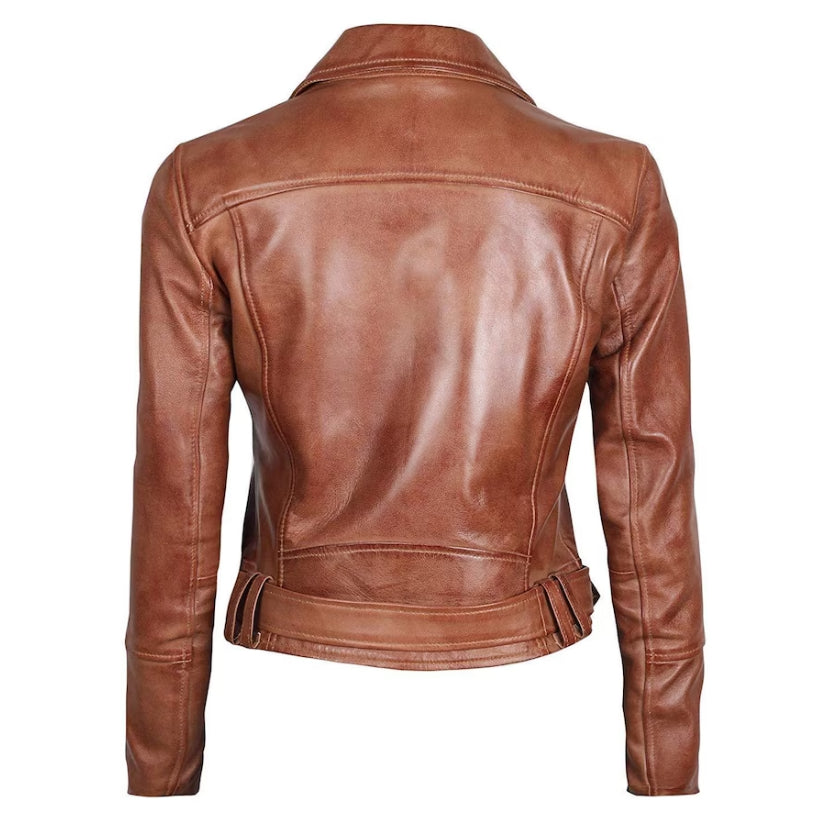 New Women Handmade Motorcycle Brown Leather Jacket