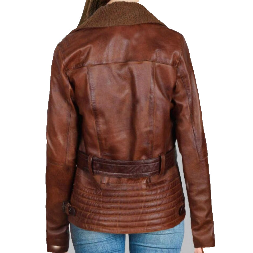 New Women's Brown Genuine Lambskin Soft Leather Motorcycle Slim fit Biker Jacket