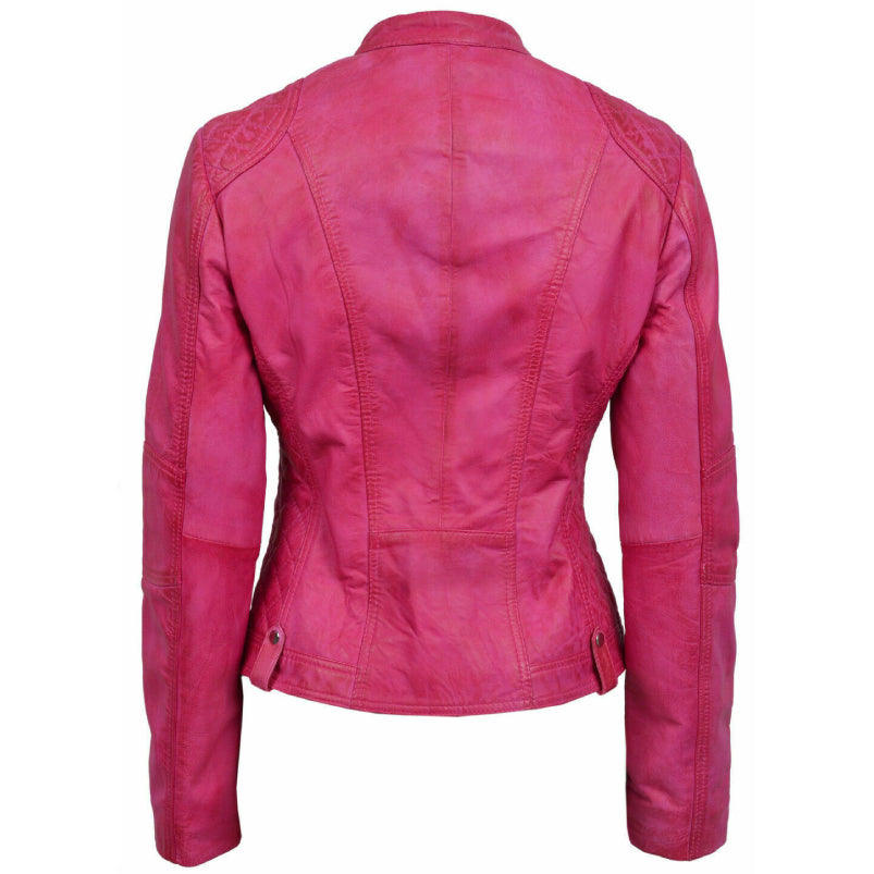 Pink Celebrity Women's Lambskin Leather Jacket Motorcycle Slim Fit Pink