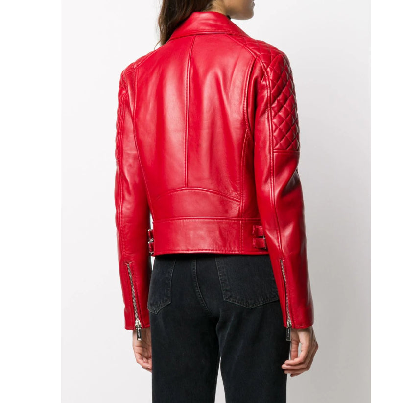 Quilted Detail Zip Up Leather Jacket